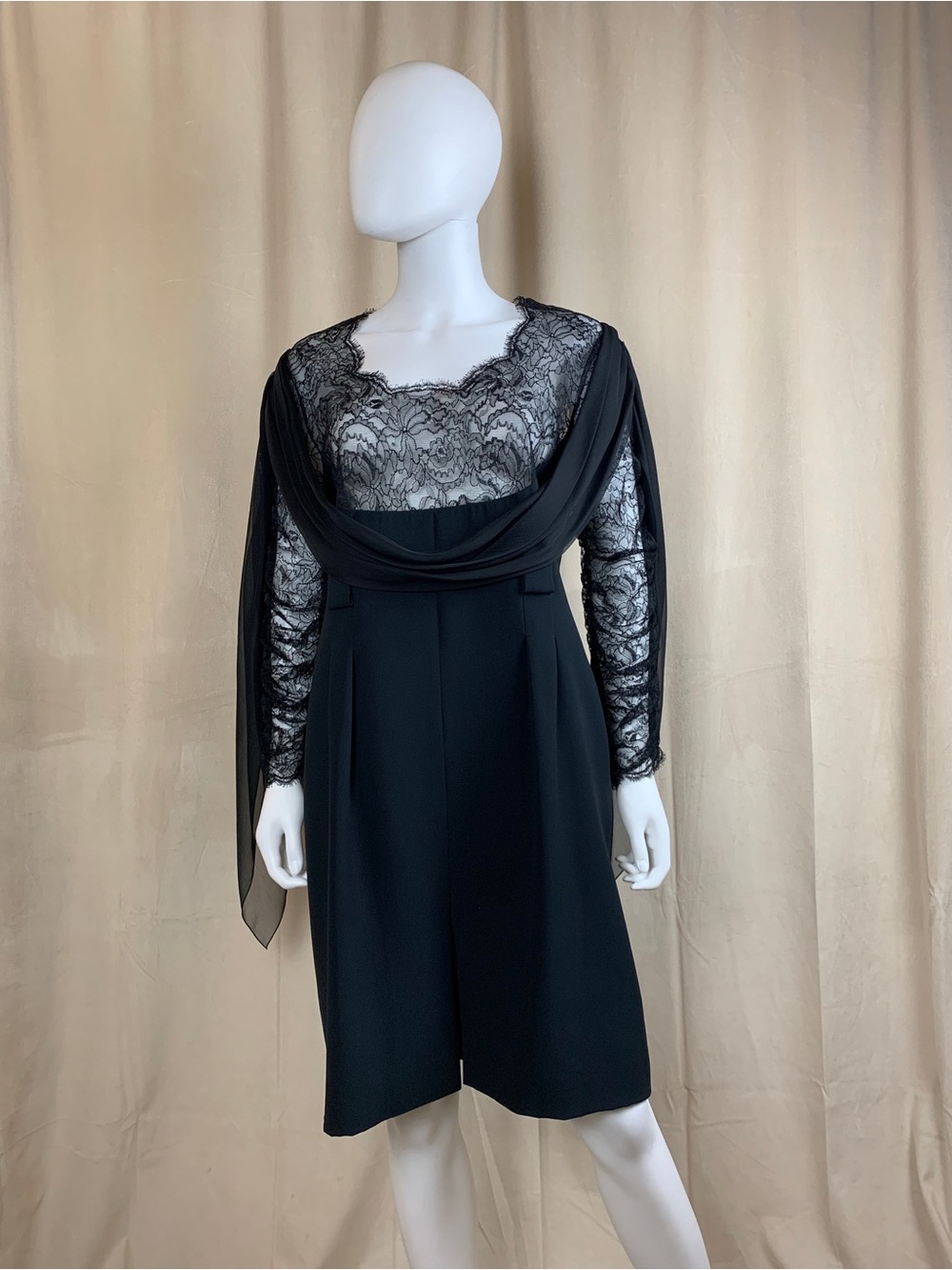 CHANEL Black Long Sleeve Lace Cocktail Dress with Draped Overlay
